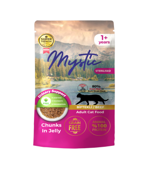 Mystic Kısırlaştırılmış Yetişkin Kediler için Biftekli Chunks In Jelly Pouch Tam Yaş Mama