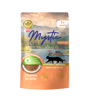 Mystic Kısırlaştırılmış Yetişkin Kediler için Somonlu Chunks In Jelly Pouch Tam Yaş Mama